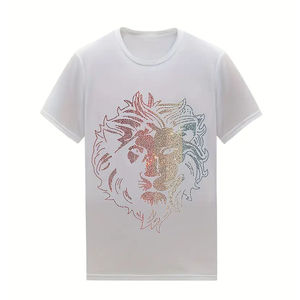 Camiseta de manga corta para hombre, cuello redondo, estilo urbano, 100% algodón, tejido de punto, estampado de letras con pedrería, estampado de dibujos animados, impresión DTF. - Product Image 1