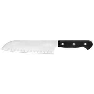 Cuchillos Santoku con mango negro y remaches, hoja ancha plateada y surcos ovalados para cortar pepinos, picar y trinchar verduras - Product Image 1