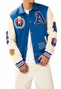 <b>Men's</b> Blue Varsity <b>Jacket</b> Embroidered <b>Letter</b> A Patch Design Turn-down Collar Regular Fit Autumn Wear - Product Image 5