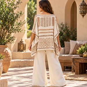 Tribal Embroidered <b>Poncho</b> Top <b>Women</b> Boat Neck Loose Fit Open Sleeve Geometric Pattern Casual Beach Resort Vacation Wear | Ethnic - Product Image 2
