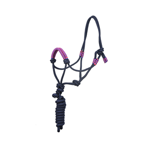 Longe d'entraînement réglable en corde tressée de nylon bleu marine avec muserolle perlée rose et bleue, OEM en gros - Product Image 2