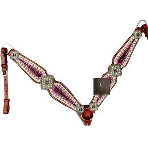 ASHMIRA EQUESTRIAN Ensemble de harnais de poitrail et de têtière à une oreille en cuir marron fait main, orné de cristaux roses et de clous, style Western - Product Image 3