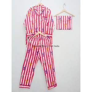 Conjunto de pijama informal indio suave 100% algodón con lindas rayas de escorpio, tela tejida con estampado de bloques, ropa de dormir, regalo para mujer - Product Image 3
