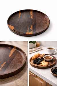 Assiette de service en bois durable, peinte à la main, artisanale, avec grain de bois design, plateau rond, assiette à dîner haut de gamme, écologique - Product Image 2