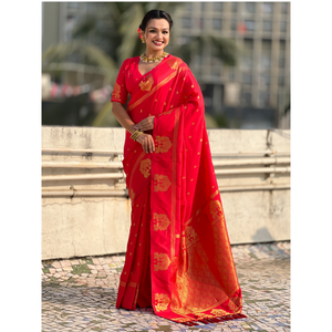 Sari en soie rouge traditionnel, écharpe et châle tissés en zari - Product Image 6