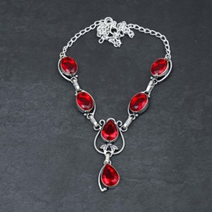 Collier de luxe personnalisé en argent sterling avec grenat rouge de laboratoire et perle de culture d'eau douce, certifié, idéal pour un cadeau de mariage - Product Image 4