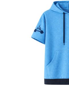 Haut à capuche bleu à manches courtes pour homme, décontracté, imprimé, léger, en mélange de coton, avec poche kangourou, idéal pour la gym et le streetwear estival - Product Image 3