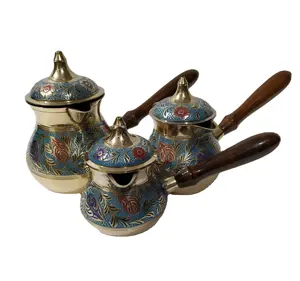 Brass Turkish Coffee Pot with Lid Enameled Embossed Handicraft Design