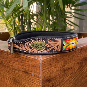 Western Pattern Hand Tooled Leather <b>Padded</b> Dog Collar Genuine Leather Beaded Pet Collars Soft Durable Wholesale Bulk Products - Product Image 4