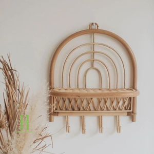 Handwoven Eco Rattan Wall <b>Shelf</b> with <b>Hooks</b>, Wicker Hanging Organizer for Keys, Accessories, Entryway Storage Solution - Product Image 3
