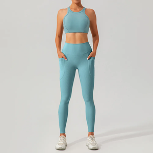 Conjunto de Yoga de 2 Piezas, Top Corto de Cintura Alta y Leggings Largos, Color Sólido, Escote Descubierto, Ropa Deportiva para Mujer - Product Image 1
