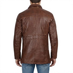 Manteau long en cuir véritable pour homme, col rabattu, simple boutonnage, coupe classique, marron - Product Image 5