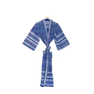 Kimono Katun Indigo untuk Wanita Uniseks, Jubah Mandi Katun Uniseks Gambar Blockout Pantai Penutup Pengiring Pengantin Hadiah Hari Natal Maxi