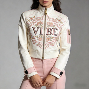 Veste en cuir PU rose courte pour femme, style motard, avec fermeture éclair, col montant, broderie personnalisée, style Letterman - Product Image 4