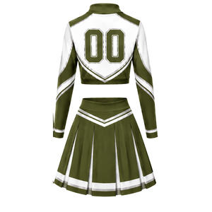 Olive Green White Sublimated Cheer <b>Long</b> Sleeve Uniform Set <b>Pleated</b> <b>Skirt</b> Athletic Team Sportswear Training Practice Performance - Product Image 3