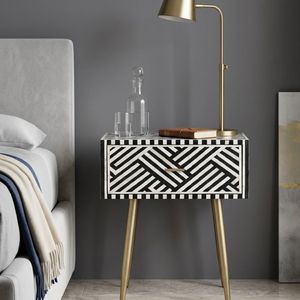 Black and White Pattern Nightstand Gold Legs Bedside <b>Table</b> Drawer <b>Storage</b> <b>Side</b> Cabinet for Bedroom Living Room - Product Image 1
