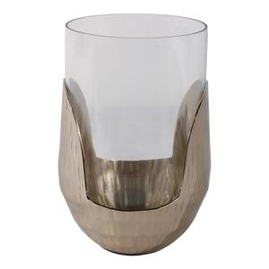 Modern Matte Black Wire <b>Lantern</b> – Dark Wood Block Base Glass <b>Hurricane</b> Holder - Product Image 3