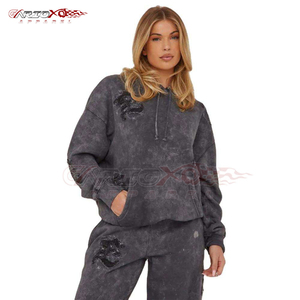 Survêtement décontracté pour femme grande taille, effet délavé, sweat à capuche oversize et pantalon à cordon de serrage, couleur unie, coupe ample - Product Image 3