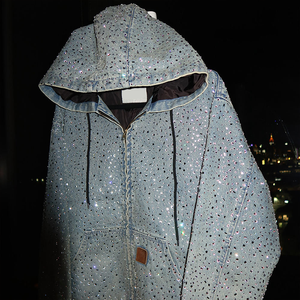 เสื้อแจ็คเก็ตเดนิมผู้ชายประดับเพชรคริสตัลสไตล์วินเทจทรงโอเวอร์ไซส์ แต่งแพทช์ปักลาย ซิปหน้า - Product Image 3