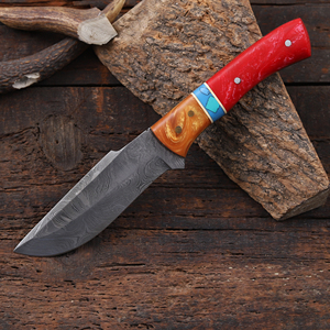 Cuchillo de caza y desollado de hoja fija de acero de Damasco forjado a mano, mango de resina, espiga completa, cuchillo personalizado OEM/ODM, funda de cuero - Product Image 3