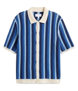 Knitted Striped Over Size 100% Cotton <b>Men's</b> Short Sleeve Button Front Collared <b>Cardigan</b> Breathable for Casual Summer Wear - Product Image 1