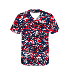 Maillot de baseball personnalisé rouge, blanc et bleu, camouflage numérique sublimé, uniforme d'équipe boutonné, t-shirt de sport anti-humidité - Product Image 3