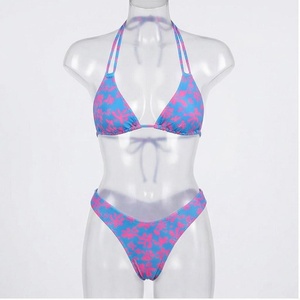 Ensemble de bikini à imprimé floral pour femmes, bleu rose, maillot de bain deux pièces, extensible, en spandex et polyester, coupe régulière, bas de maillot de bain string - Product Image 1