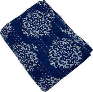 Hand Block Printed Kantha <b>Quilt</b> Blue Cotton Traditional Indian Stitched Eco-Friendly Wedding Hotel Folded Home Decor <b>Throw</b> Cover - Product Image 2