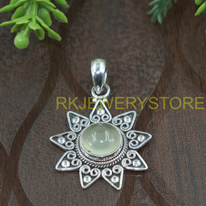 Colgante de prehnita verde hecho a mano, plata de ley 925, diseño de flor de sol, joyería vintage boho, regalo para mujeres, hombres y mujeres (unisex) - Product Image 3
