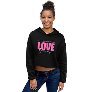 Sweat à capuche court noir pour femme Love Yourself, pull à capuche court en molleton doux, haut décontracté et tendance pour tous les jours - Product Image 1