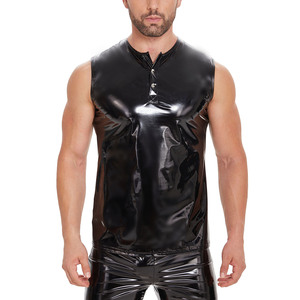 Chaleco sin mangas negro brillante para hombre, cuello en V, con botones al frente, efecto mojado, poliéster, estilo gótico, ropa exterior de verano - Product Image 1