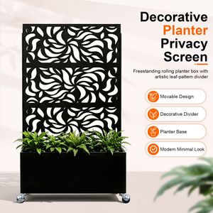 Divisorio Decorativo Autoportante in Metallo Nero con Motivo a Foglie, Fioriera e Recinzione per Patio - Product Image 6