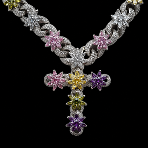 Exclusive 925 Silver Plated Moissanite & Cz Diamond <b>Cross</b> Pendant Necklace With Colorful Flower Design For Women Wedding Jewelry - Product Image 1