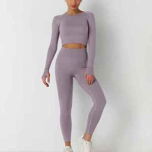 Women Seamless <b>Long</b> Sleeve Crop <b>Top</b> High Waist <b>Leggings</b> 2 Piece Yoga Fitness Set Solid Black - Product Image 3