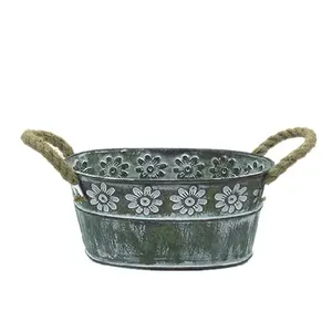 Large oval <b>planter</b> <b>with</b> handles for outdoor rustic gardening in galvanized metal for flowers vegetables and <b>herbs</b> - Product Image 1