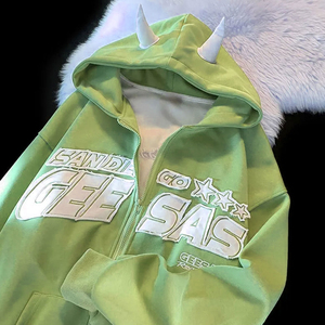 Sweat-shirt unisexe en molleton français de haute qualité, style Y2K, avec fermeture éclair surdimensionnée, cornes et logo imprimé en relief, personnalisable OEM. - Product Image 3