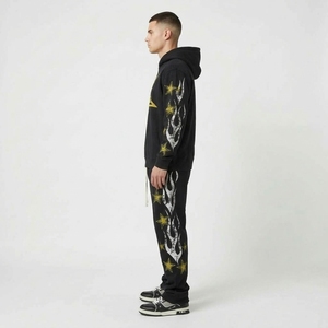 <b>Men</b>’s Black Star Graphic Hoodie Jogger Tracksuit <b>Set</b> with Flame Sleeve Print Custom Streetwear - Product Image 5