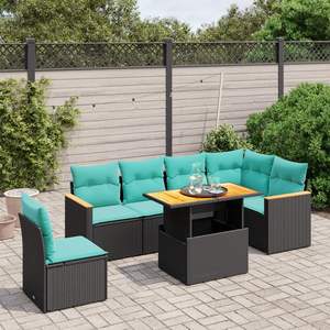 Juego de sofás de patio de ratán sintético negro de 7 piezas con cojines, elegantes muebles de exterior - Product Image 1