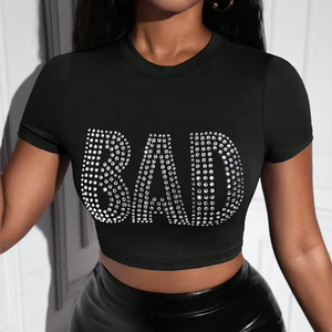 Camiseta Corta con Letras de Diamantes de Imitación Y2K para Mujer, Ajustada, de Manga Corta, de Algodón, Informal, Estilo Urbano - Product Image 3