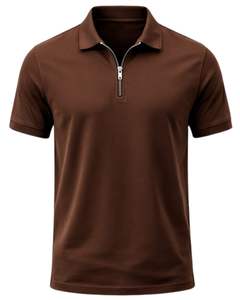 Polo en coton marron foncé pour homme avec col demi-zip, coupe ajustée, manches courtes, tenue décontractée d'été, fabricant OEM, approvisionnement en gros - Product Image 1