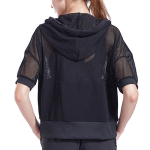 Custom Cropped Hoodie Mesh <b>Fishnet</b> Sheer Women Hoody Tops Crop Terry Fleece Casual Yoga Jogging Casual Activewear Hoodies - Product Image 3