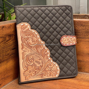New Design Hand Tooled Quilted Leather Business Portable <b>A4</b> Size <b>Portfolio</b> <b>Folder</b> Custom Cowhide Leather Zippered 3 Ring Binders - Product Image 2