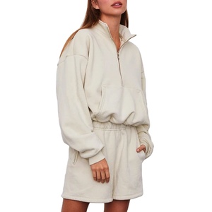 2024 été personnalisé ajouter Logo solide dentelle coton sweat survêtement survêtement demi fermeture éclair 2 pièces ensemble polaire femmes - Product Image 1