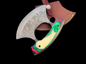 Cuchillo de Chef Ulu Hecho a Mano, Hoja Curva de Acero de Damasco con Mango de Madera y Funda de Cuero Ecológica, Ambidiestro - Product Image 2