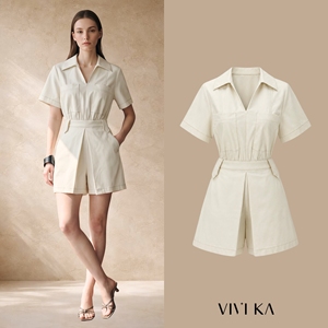 Tuta Corta da Donna in Crema con Maniche Corte, Stile Utility, Casual, con Elastico in Vita, in Poliestere e Spandex, Pezzo Unico, <span class=keywords><strong>LAVIN</strong></span> - ODM OEM - Product Image 1