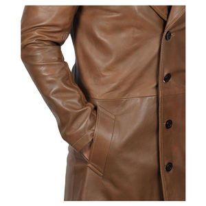 Brown Genuine Leather Long Trench <b>Coat</b> Notched Collar <b>Single</b> <b>Breasted</b> Button Closure Casual Autumn Outerwear - Product Image 4
