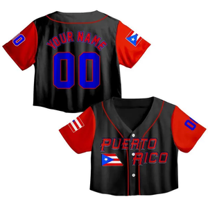 Custom Black Puerto Rico Flag Baseball Jersey <b>Crop</b> <b>Top</b> Black Baseball Jersey - Product Image 3