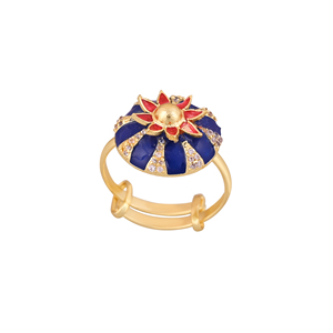 Luxury Gold Plated Blue Enamel Floral Adjustable Ring for Women Stone Studded <b>Designer</b> Party Jewelry - Product Image 2