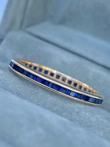 Women's 9K <b>Gold</b> Sapphire Eternity Band <b>Ring</b> Channel-<b>Set</b> Rectangular Natural Stone Classic Engagement Jewelry-September - Product Image 3