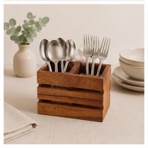 Premium Handcrafted Wood Cutlery Holder 2-Compartment <b>Kitchen</b> Utensil Organizer and Rustic Flatware <b>Caddy</b> For Dining Tableware - Product Image 4